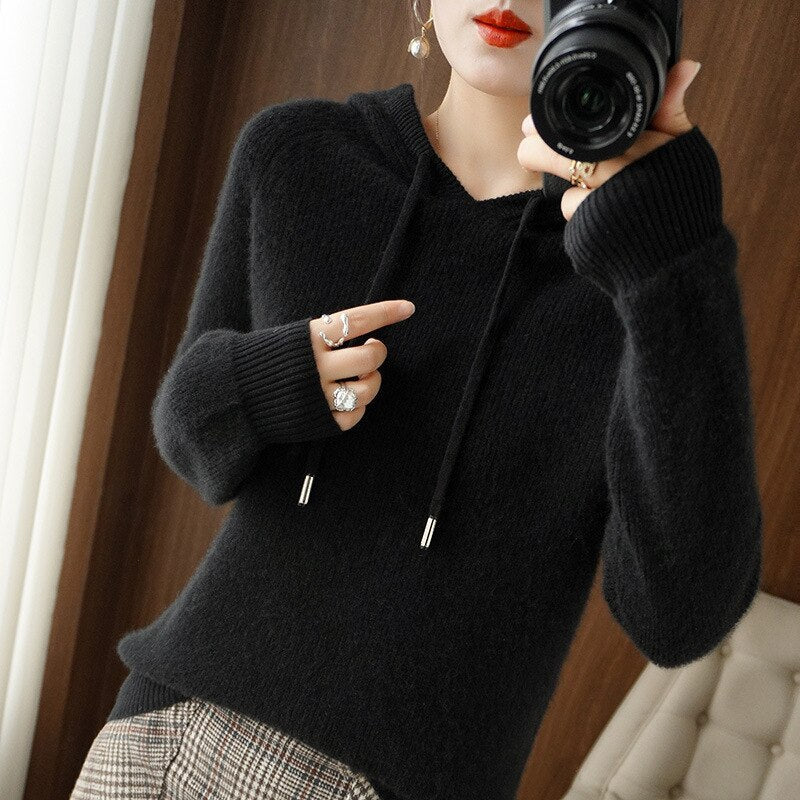 Soft Cozy Women's Hooded Sweater – Drop Shoulder Knit Black - Tophatter Daily Deals