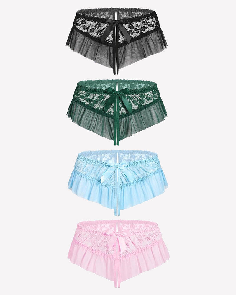 Floral Lace Briefs with Cute Bow Pink+Black+Green+Light Blue Lingeries-panties - Tophatter Daily Deals