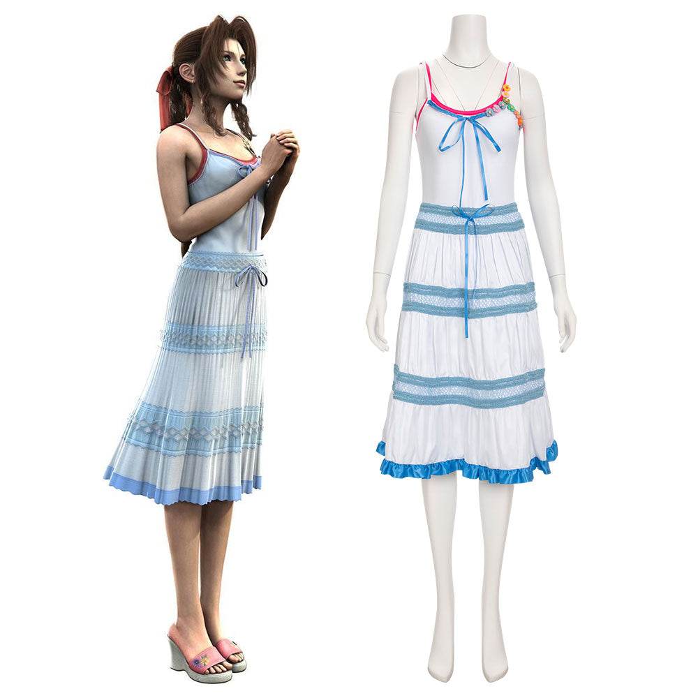 Final Fantasy VII Rebirth Aerith Gainsborough Blue White Dress Cosplay Costume - Tophatter Daily Deals