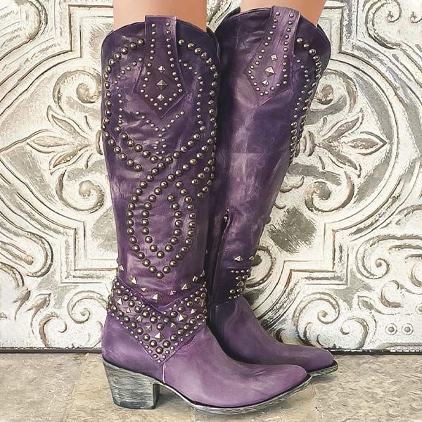 Supportive Women's Knee-High Boots - Studded Leather Purple - Tophatter Daily Deals