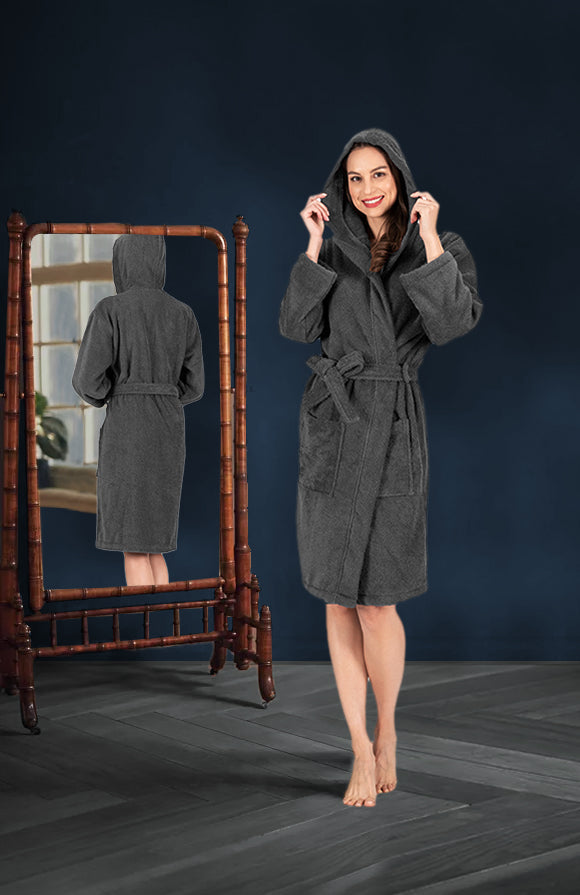 Nine West Hooded Terry Robe - 100% Turkish Cotton GRAY Robes - Tophatter Daily Deals