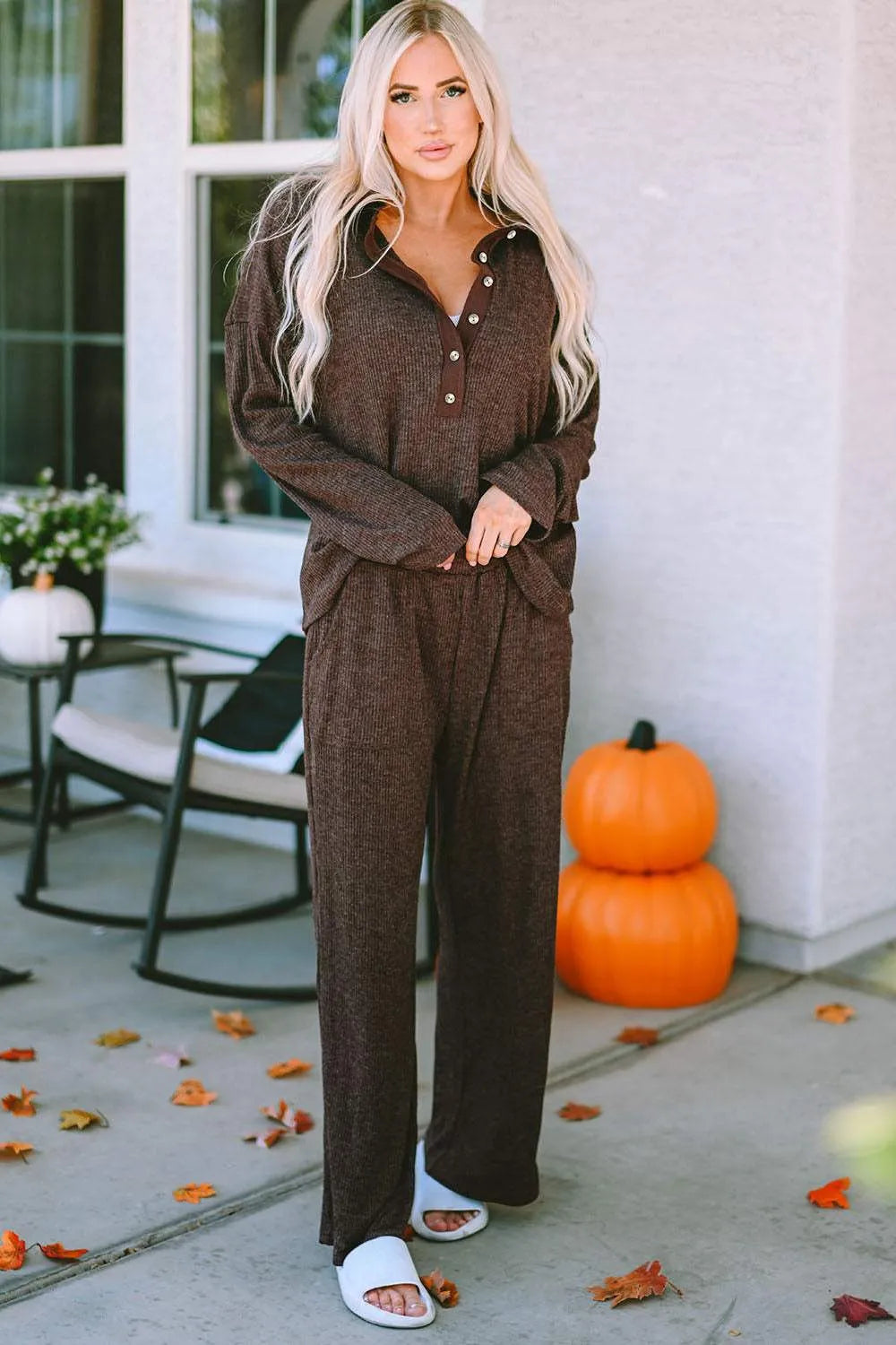 Buttoned Long Sleeve Top and Long Pants Lounge Set Loungewear Sets - Tophatter Daily Deals