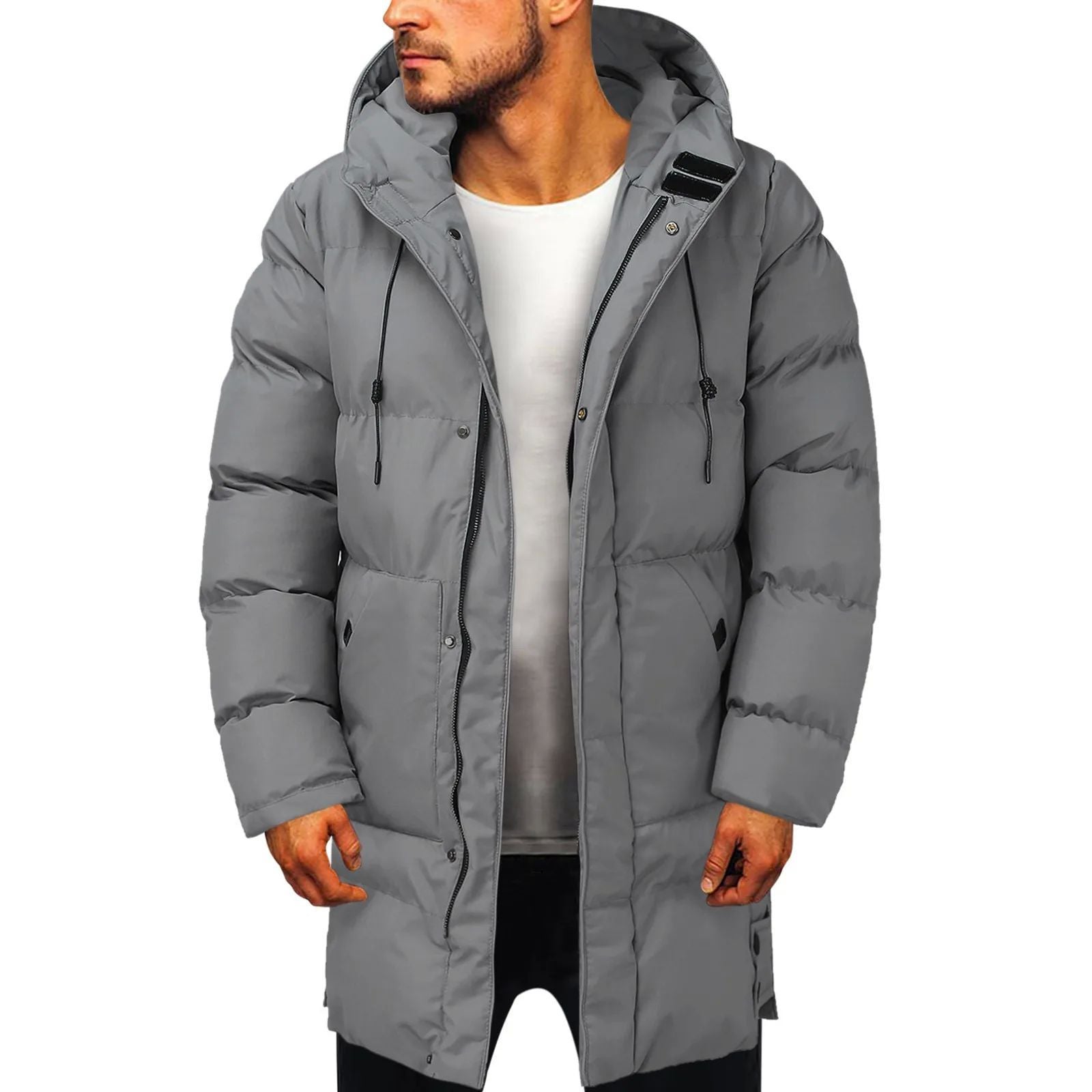 Warm Mens Long Puffer Coat - Hooded Insulated, Winter Grey 3D Changing Face Moving Picture Frame - Tophatter Daily Deals