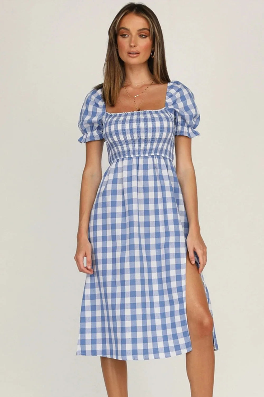 Full Size Slit Plaid Short Sleeve Midi Dress Casual Dresses - Tophatter Daily Deals