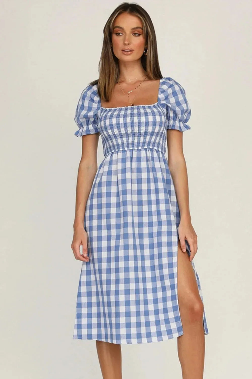 Full Size Slit Plaid Short Sleeve Midi Dress Casual Dresses - Tophatter Daily Deals