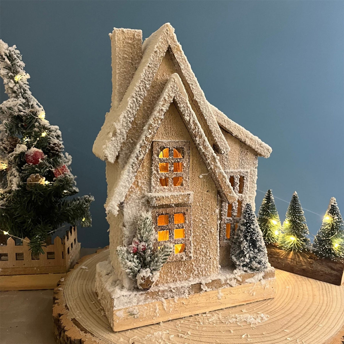 LED Snow-Covered Wooden Christmas House | Light Up Village House Ornament - 33cm Ornament - Tophatter Daily Deals