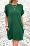 Pocketed Round Neck Short Sleeve Dress Green Casual Dresses - Tophatter Daily Deals