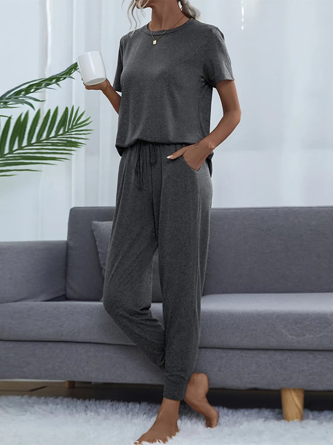 Round Neck Short Sleeve Top and Pants Set Loungewear Sets - Tophatter Daily Deals