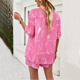 2Pcs Casual Printed Suits Short-sleeved Shirt And Drawstring Shorts Summer Fashion Womens Clothing 4 - Tophatter Daily Deals