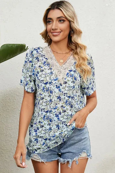 Floral V-Neck Short Sleeve T-Shirt Royal Blue Women's T-Shirts - Tophatter Daily Deals