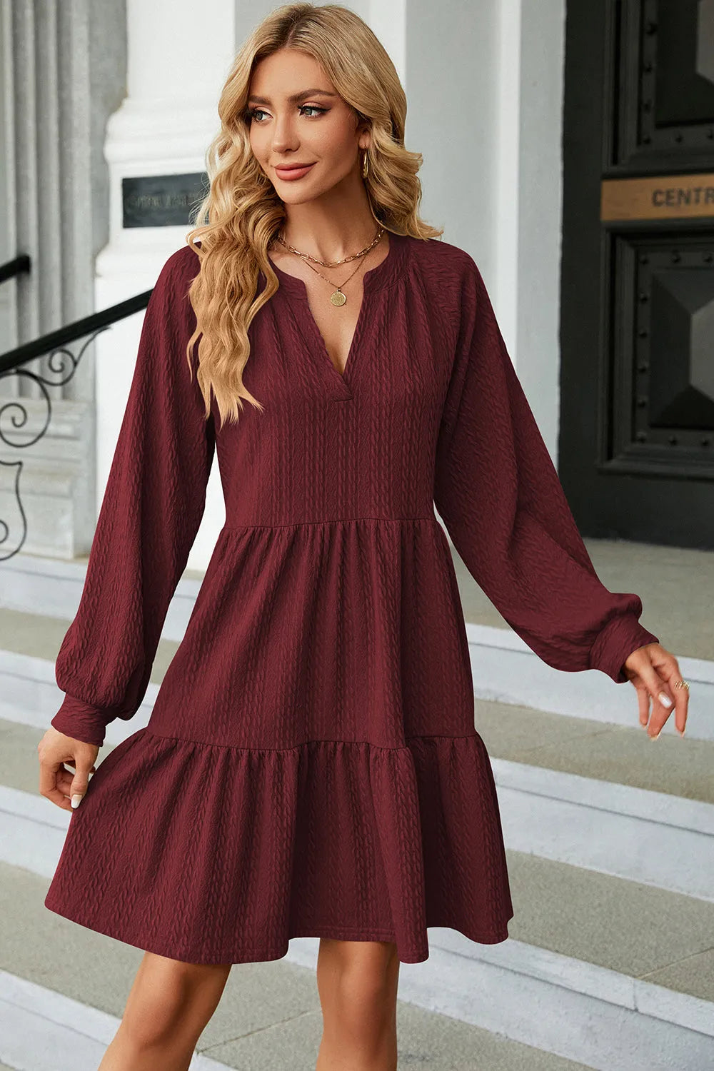 Ruched Notched Long Sleeve Mini Dress Casual Dresses - Tophatter Daily Deals