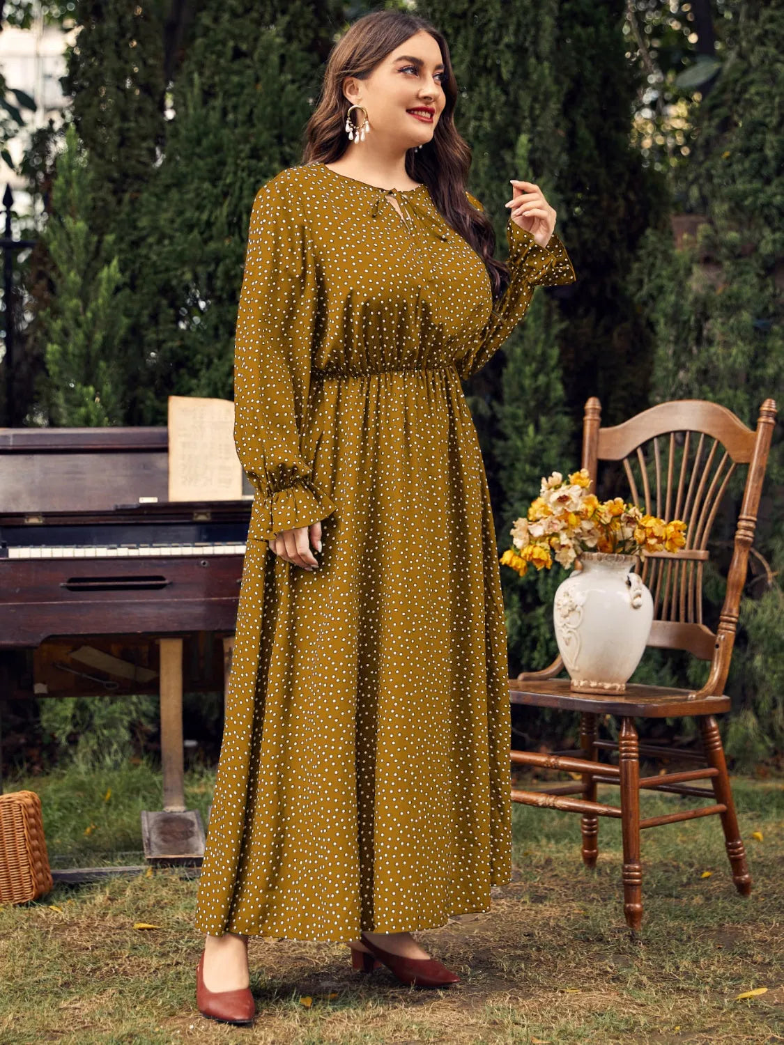 Plus Size Ruffled Polka Dot Long Sleeve Midi Dress Casual Dresses - Tophatter Daily Deals