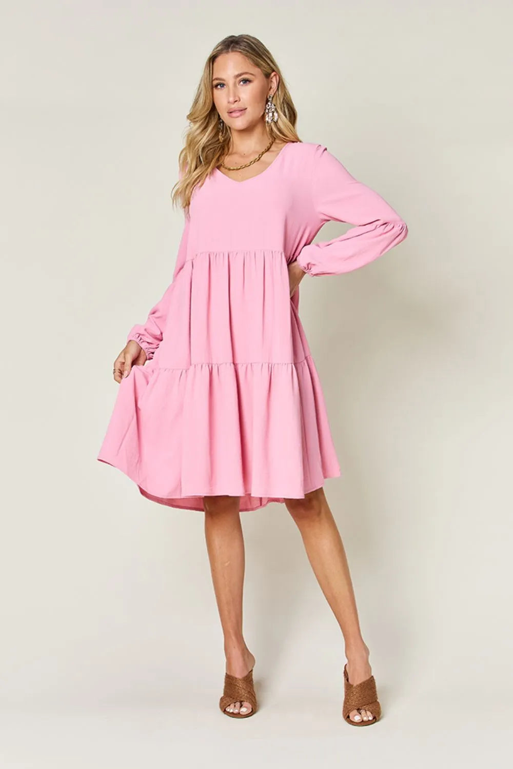 Double Take Full Size V-Neck Balloon Sleeve Tiered Dress Casual Dresses - Tophatter Daily Deals