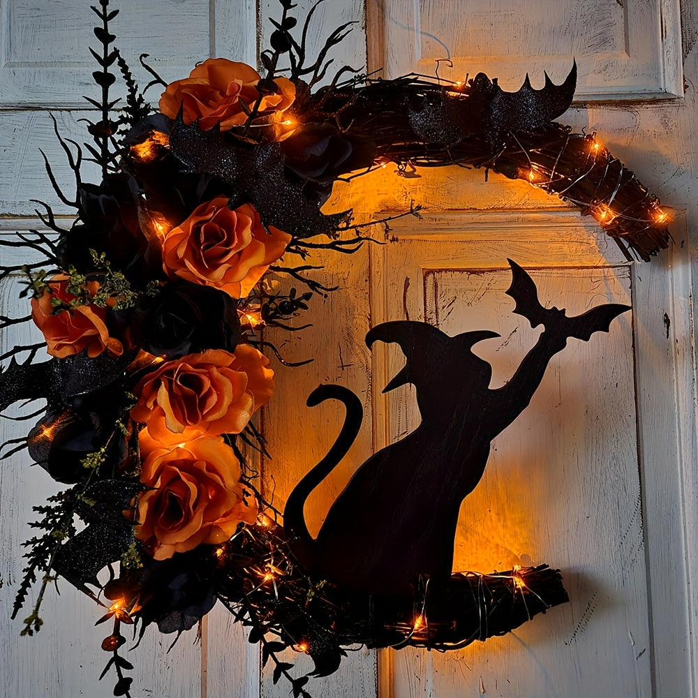 Halloween Witch Cat Moon Wreath Door Decor Halloween - Tophatter Daily Deals