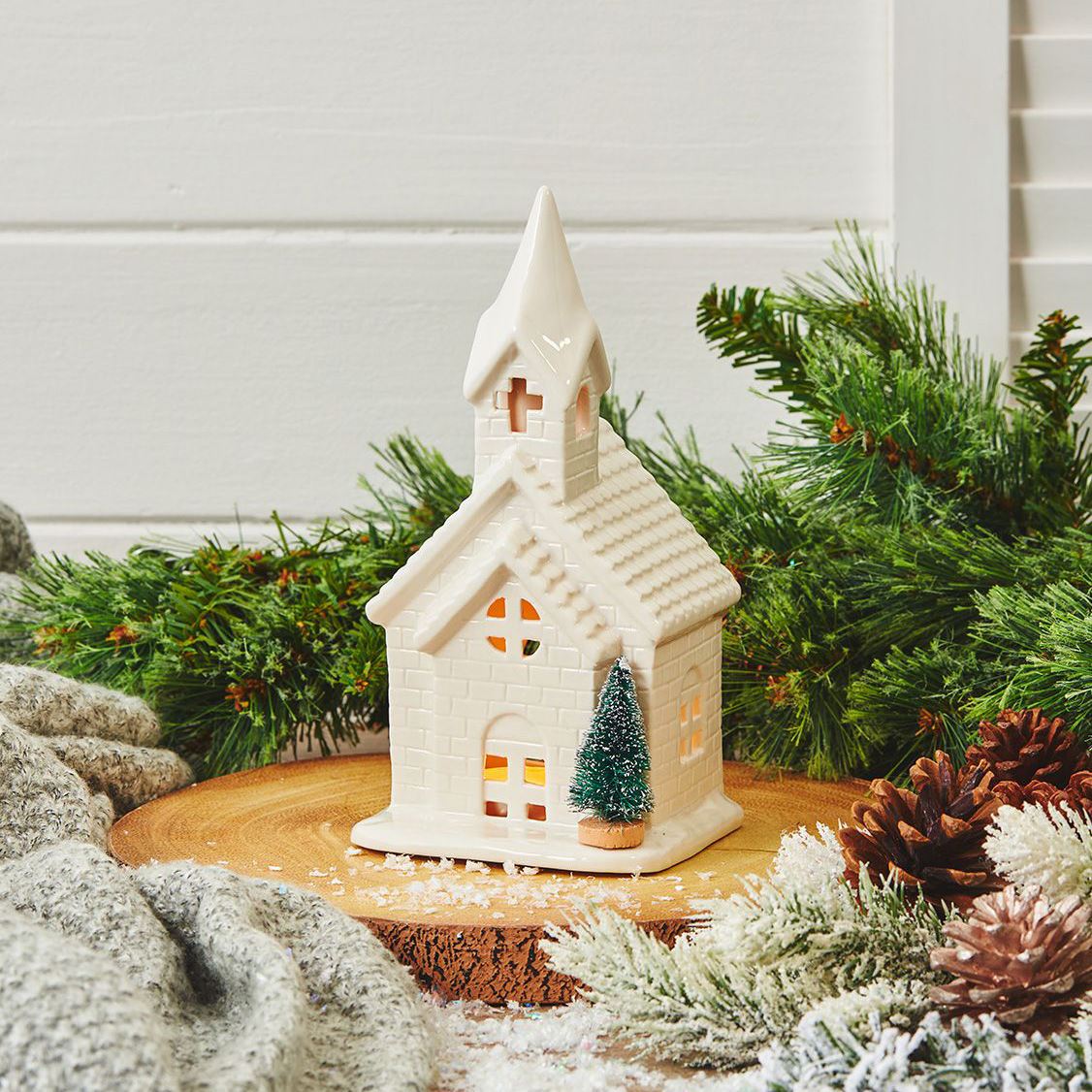 Christmas Church Tealight Candle Holder | White Ceramic Chapel Ornament - 22cm Candle Holder - Tophatter Daily Deals
