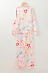 White Bow Knot Print Lapel Collar Wide Leg Satin Pajama Set Loungewear & Sleepwear/Sleepwear - Tophatter Daily Deals