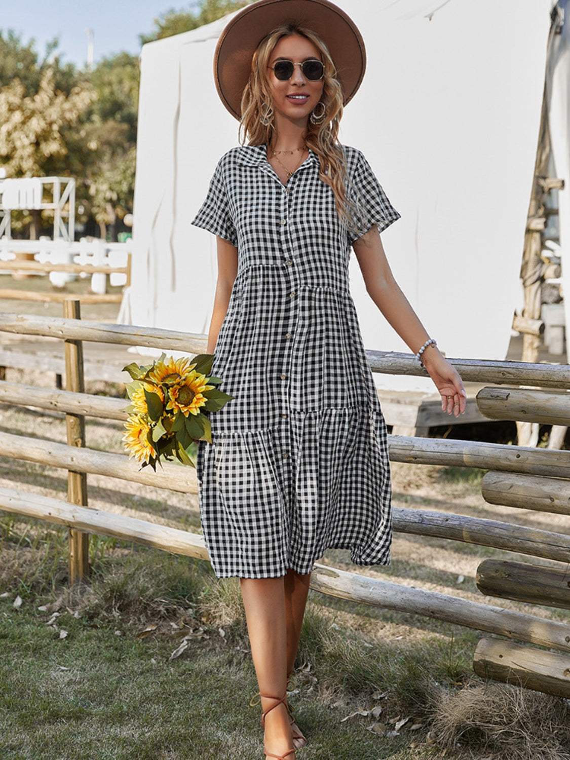 Button Up Plaid Short Sleeve Midi Dress Black Casual Dresses - Tophatter Daily Deals