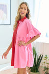 First Love Full Size Color Blocked Button Down Babydoll Dress Casual Dresses - Tophatter Daily Deals