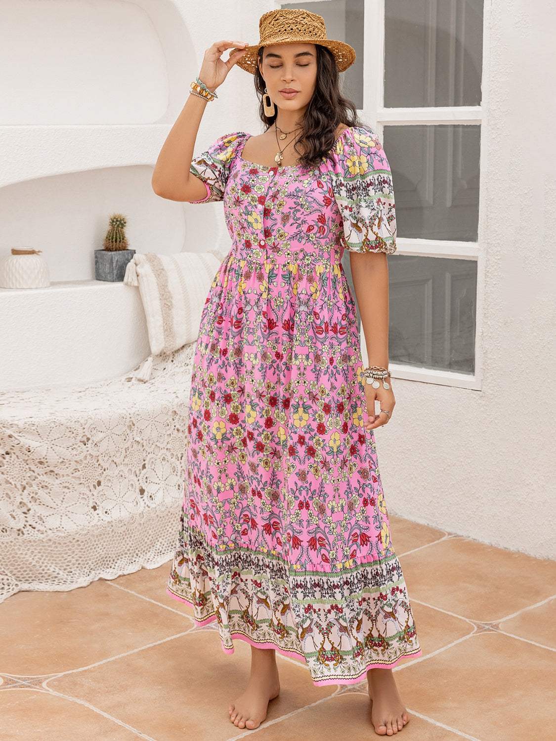 Plus Size Printed Square Neck Ruffle Hem Dress Casual Dresses - Tophatter Daily Deals