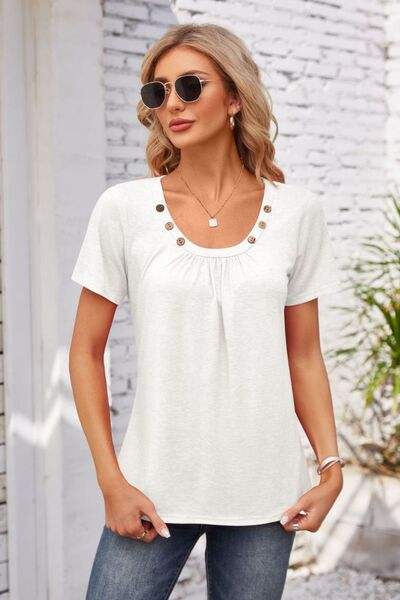 Decorative Button Scoop Neck T-Shirt White Women's T-Shirts - Tophatter Daily Deals