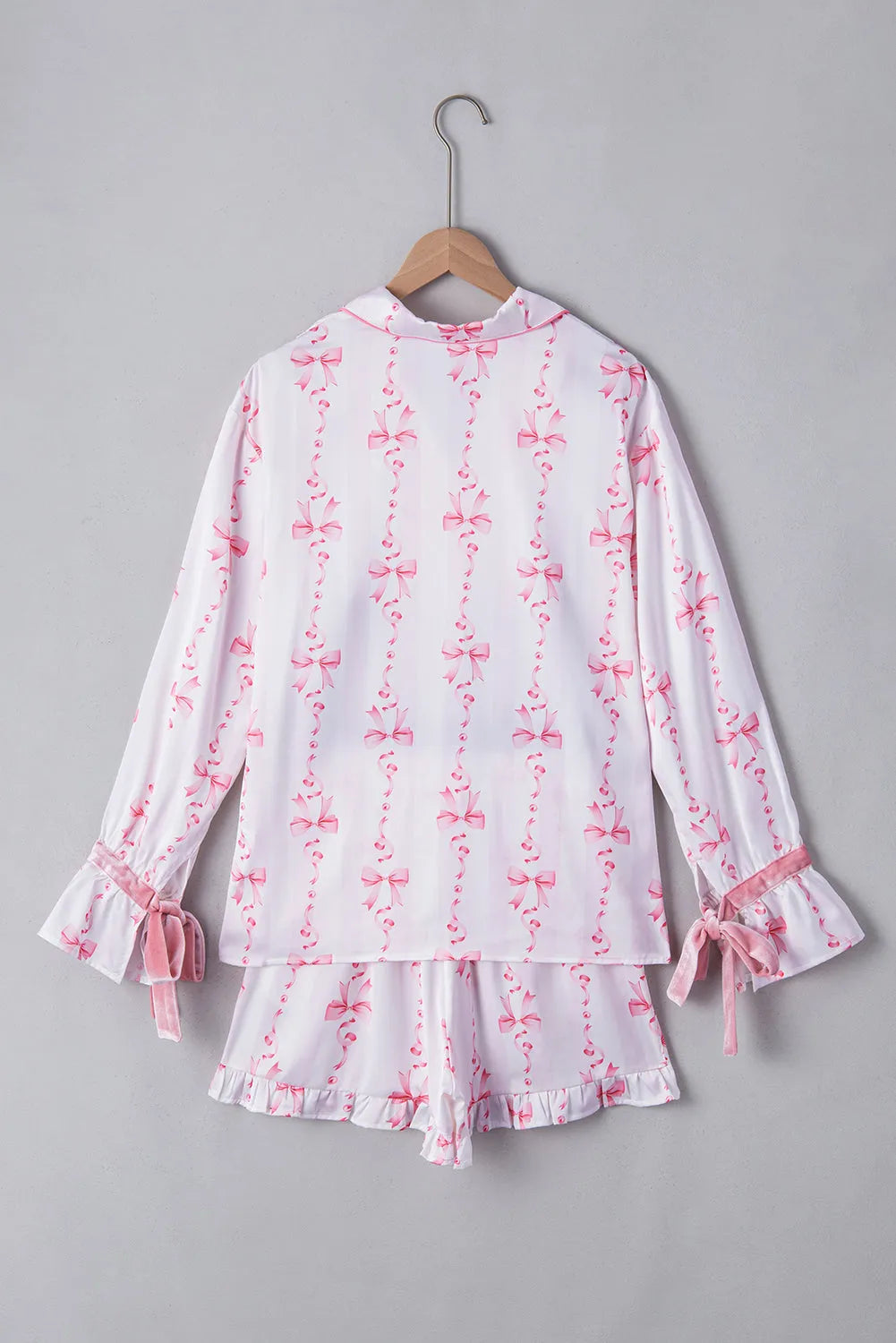 Pink Satin Bow Bell Sleeve Shirt and Ruffled Shorts Pajama Set Loungewear & Sleepwear/Sleepwear - Tophatter Daily Deals