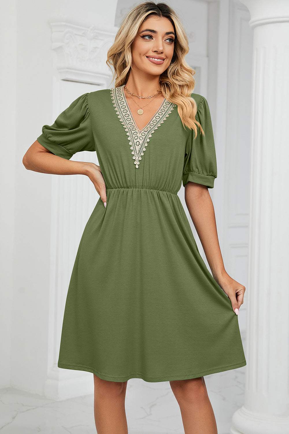 V-Neck Puff Sleeve Dress Casual Dresses - Tophatter Daily Deals