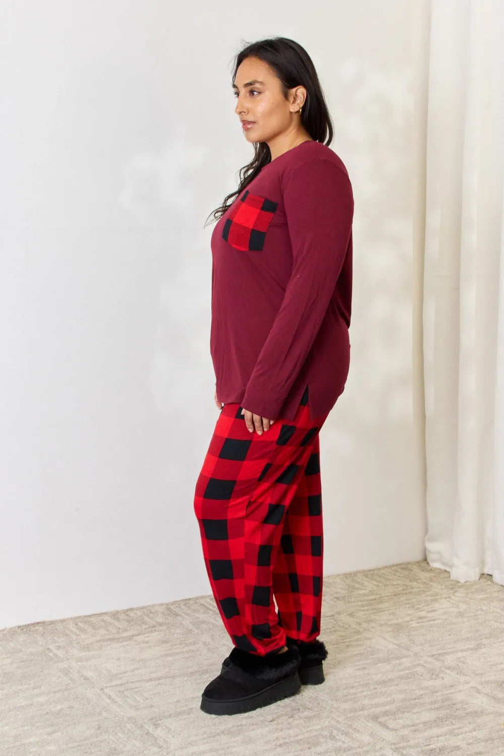 Zenana Full Size Plaid Round Neck Top and Pants Pajama Set Loungewear Sets - Tophatter Daily Deals