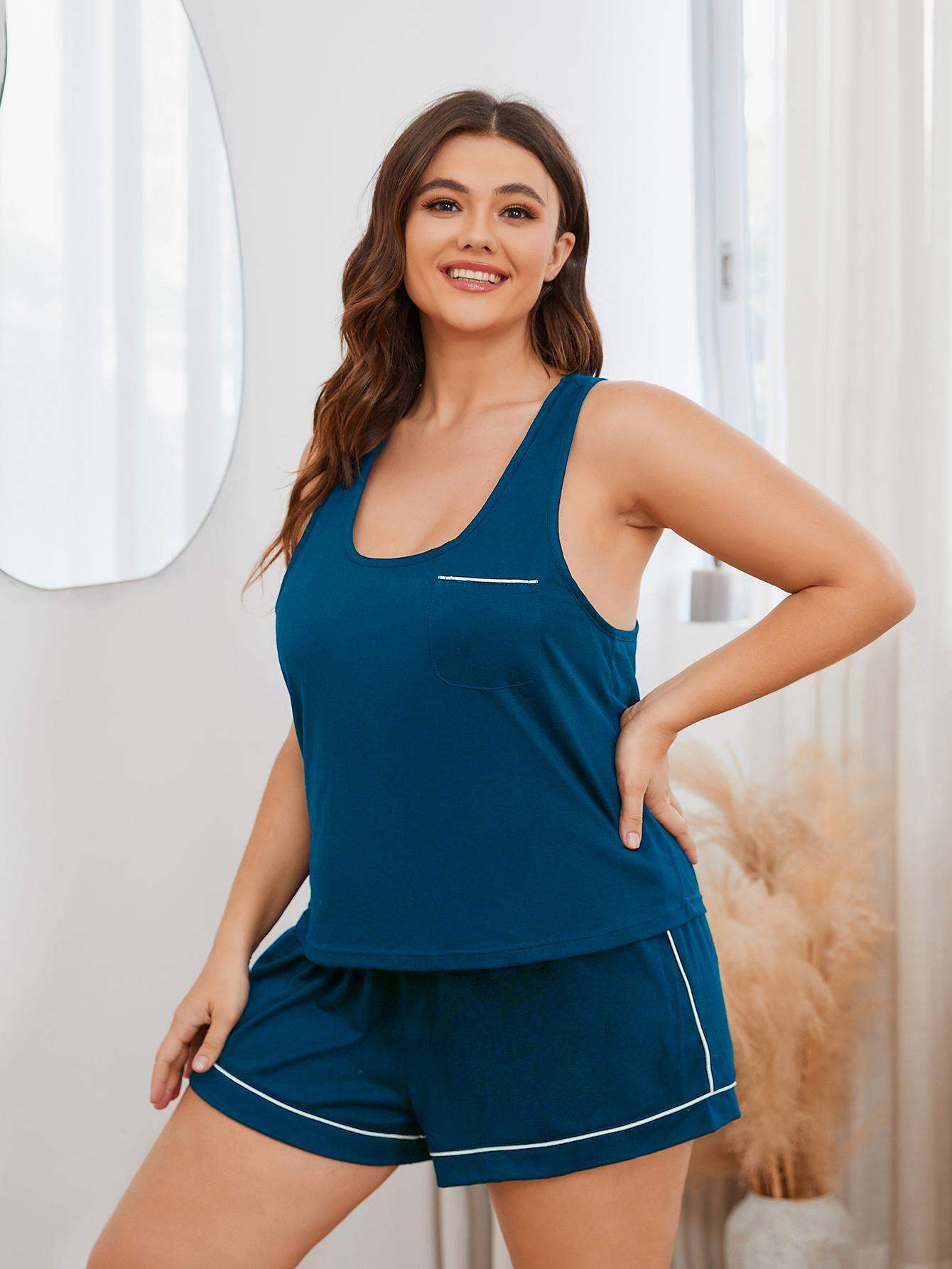 Plus Size Contrast Piping Racerback Tank and Shorts Lounge Set Loungewear Sets - Tophatter Daily Deals