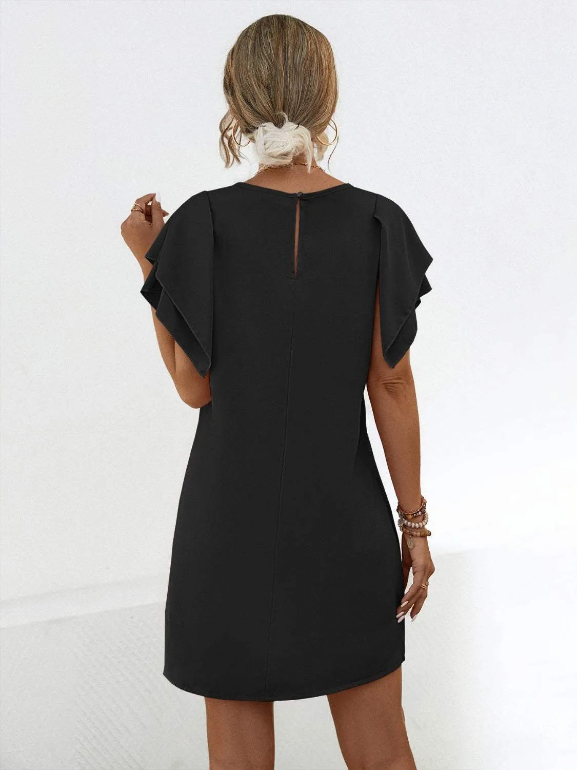 Round Neck Flutter Sleeve Mini Dress Casual Dresses - Tophatter Daily Deals