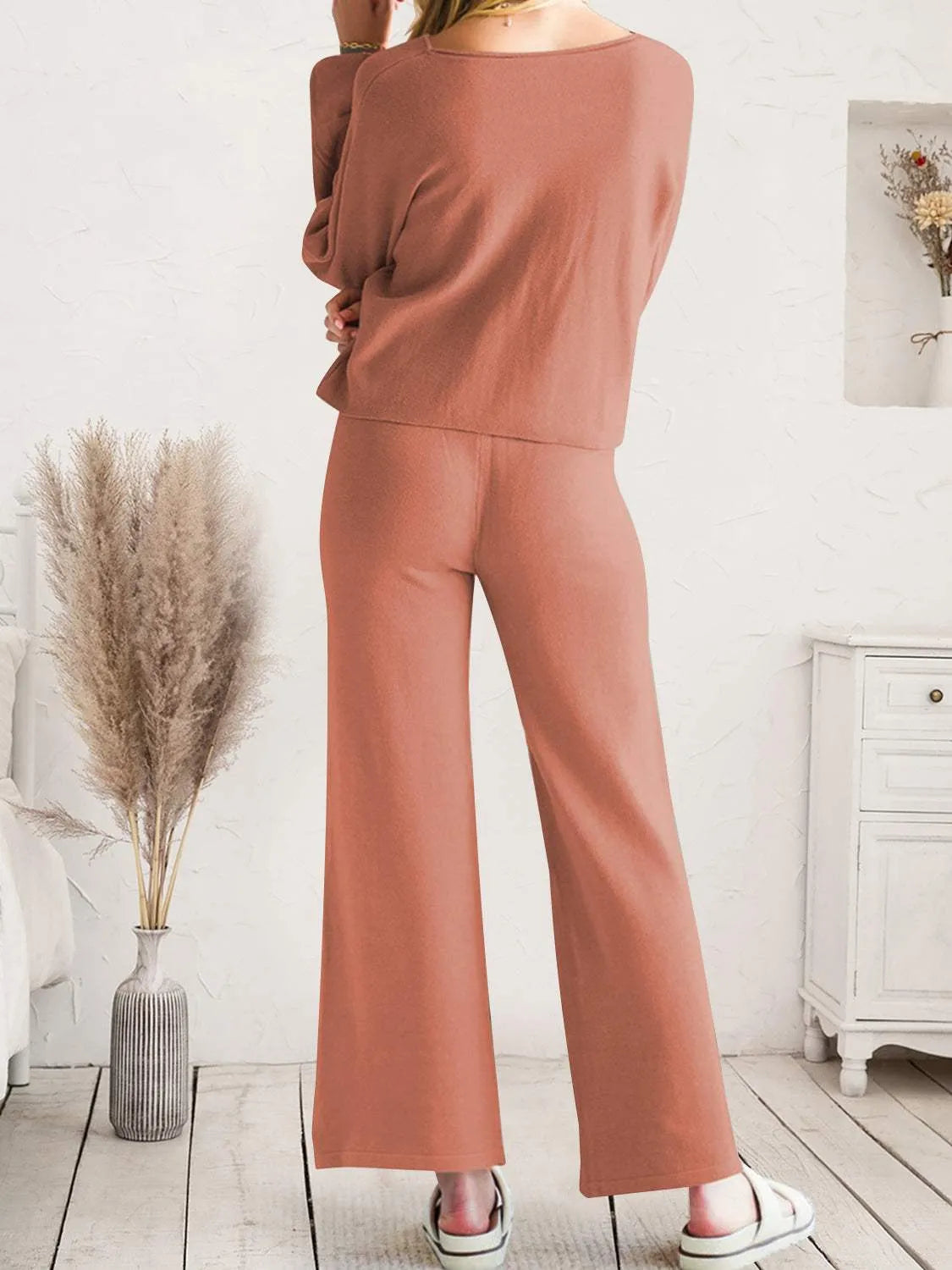 Long Sleeve Lounge Top and Drawstring Pants Set Loungewear Sets - Tophatter Daily Deals