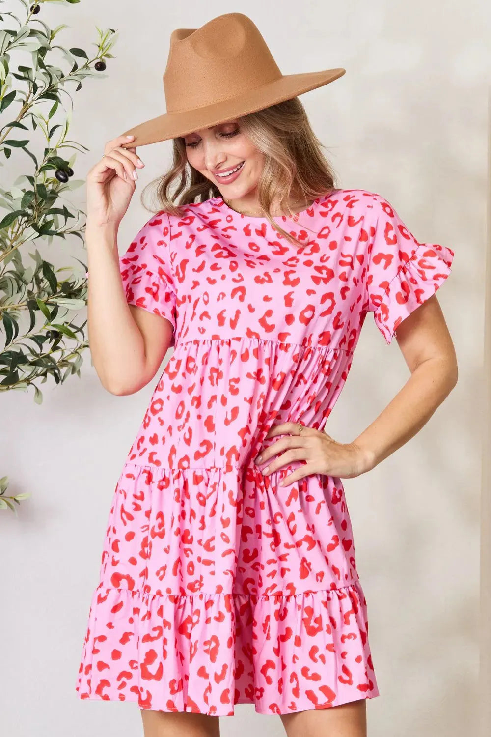 Double Take Short Flounce Sleeve Tiered Dress Fuchsia Pink Casual Dresses - Tophatter Daily Deals