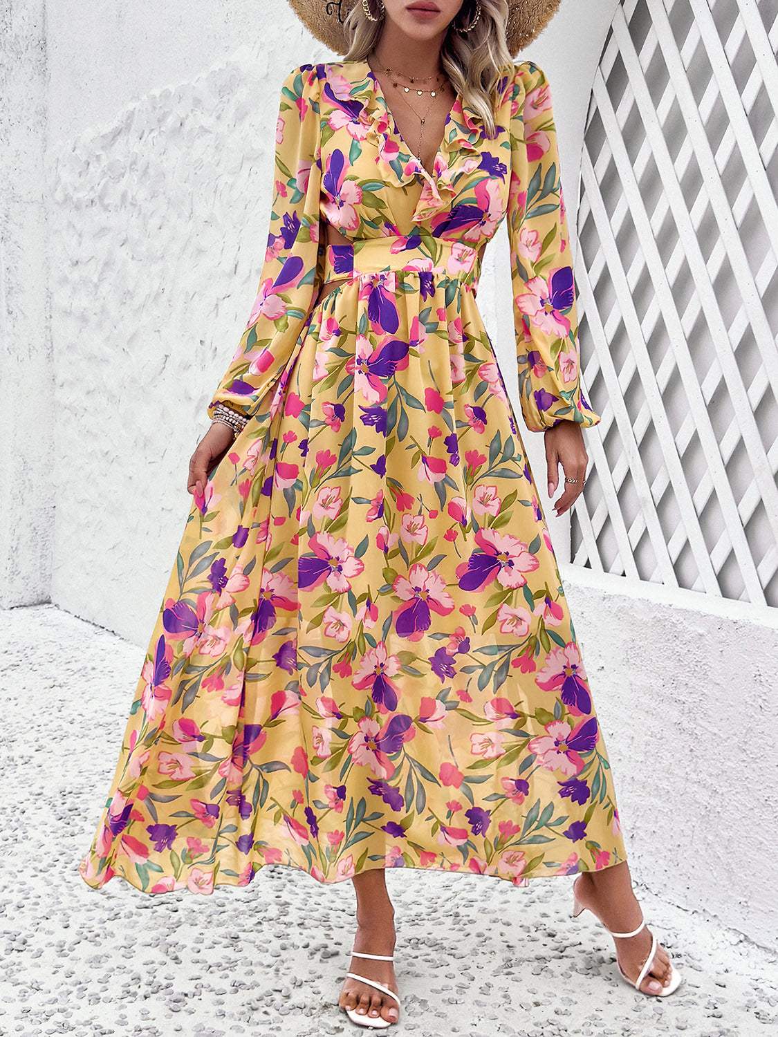 Cutout Printed V-Neck Balloon Sleeve Dress Yellow Green Casual Dresses - Tophatter Daily Deals