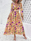 Cutout Printed V-Neck Balloon Sleeve Dress Yellow Green Casual Dresses - Tophatter Daily Deals