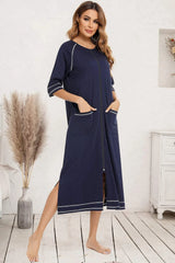 Zip Up Slit Round Neck Night Dress with Pockets Dark Navy Sleep Dresses - Tophatter Daily Deals
