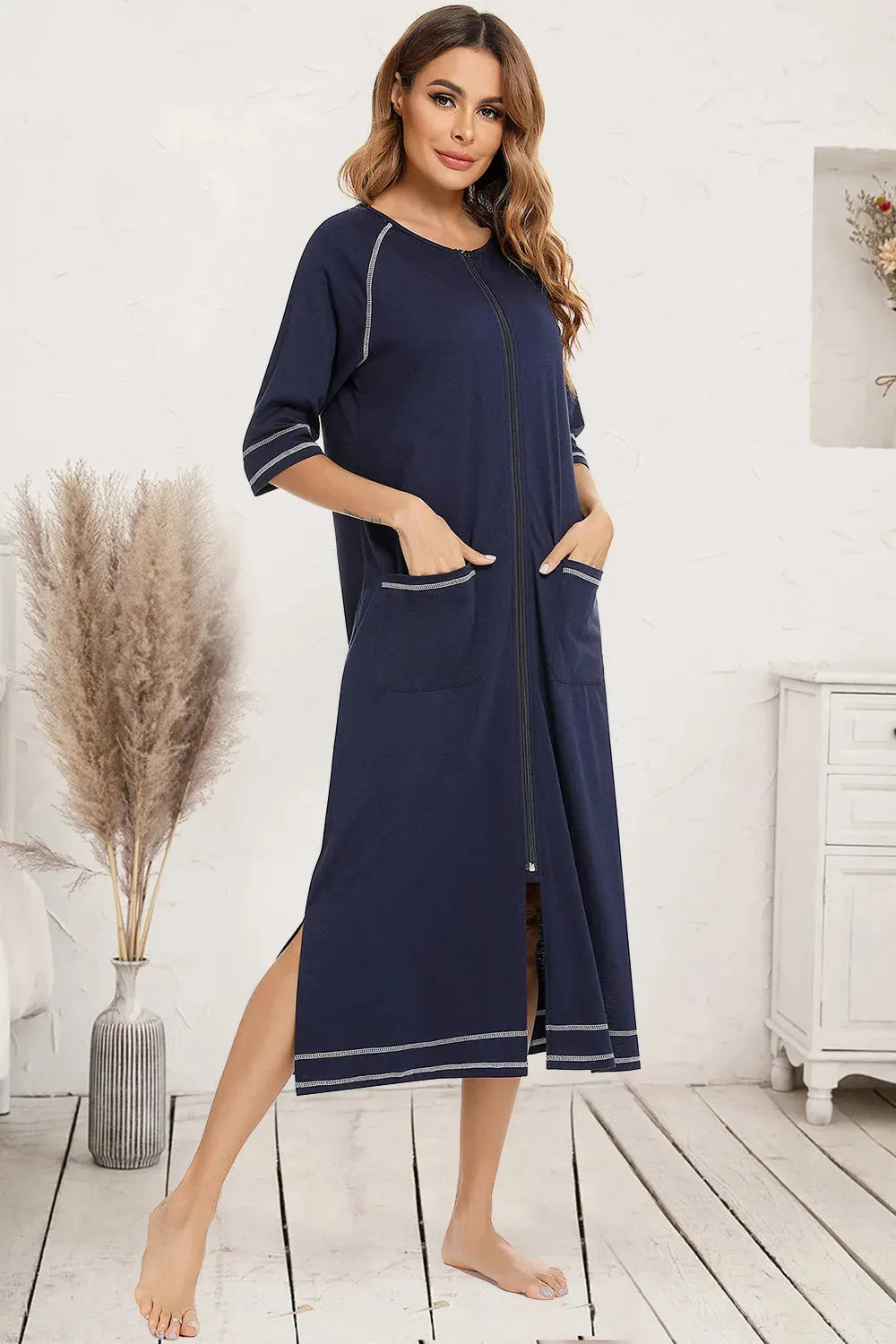 Zip Up Slit Round Neck Night Dress with Pockets Sleep Dresses - Tophatter Daily Deals