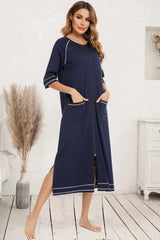 Zip Up Slit Round Neck Night Dress with Pockets Sleep Dresses - Tophatter Daily Deals