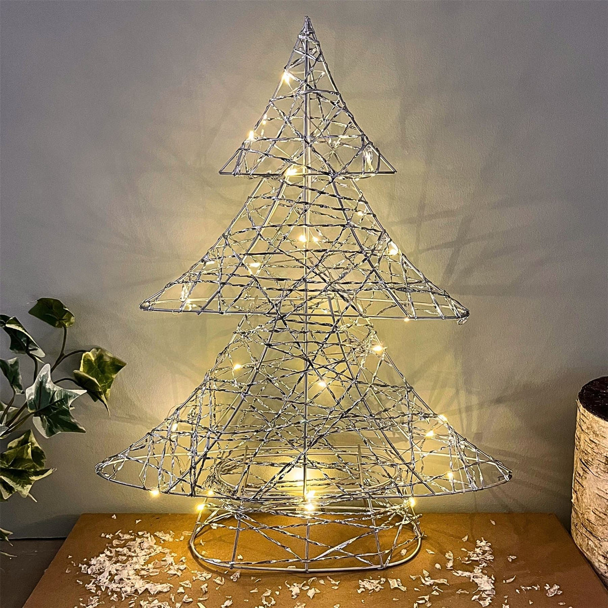 Silver Christmas Tree Light | Silver Wire LED Standing Tree Decoration - 30cm