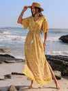 Drawstring Printed Plunge Half Sleeve Dress Casual Dresses - Tophatter Daily Deals