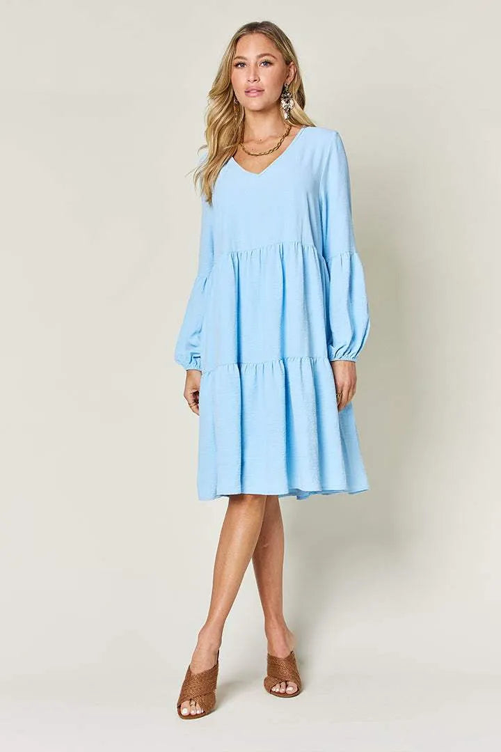 Double Take Full Size V-Neck Balloon Sleeve Tiered Dress Casual Dresses - Tophatter Daily Deals