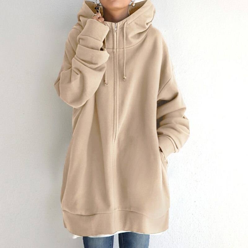 Warm Women Longline Hoodie - Oversized Fleece Layering Beige - Tophatter Daily Deals