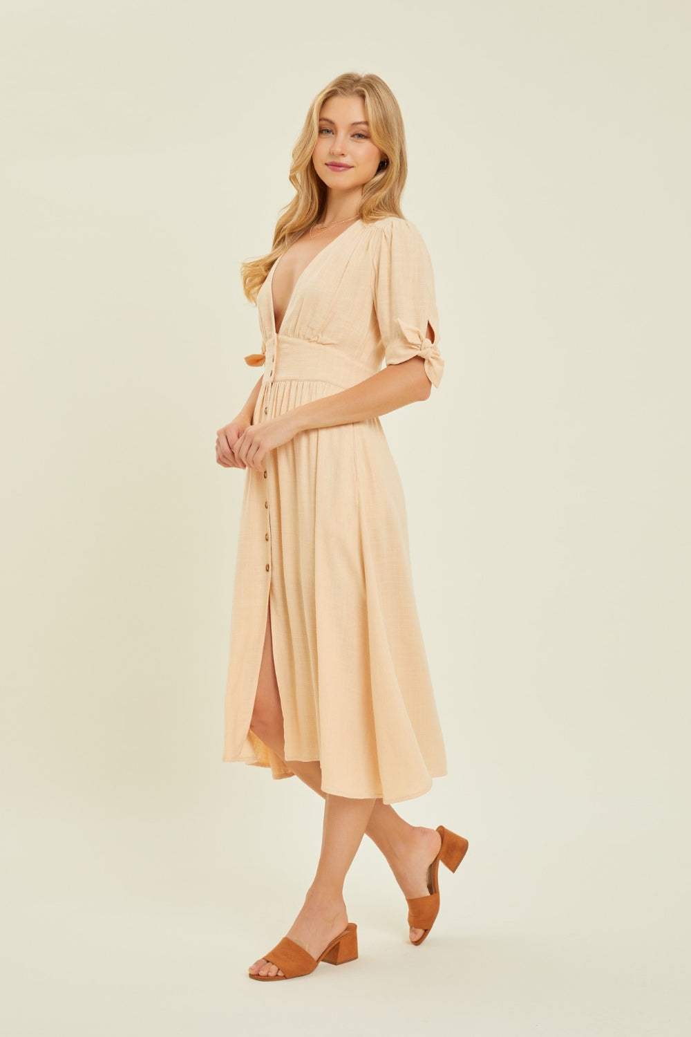 HEYSON Full Size Textured Linen V-Neck Button-Down Midi Dress Casual Dresses - Tophatter Daily Deals