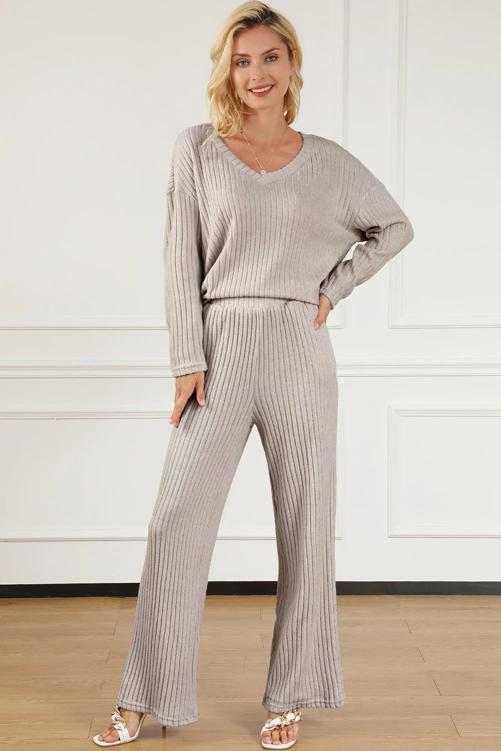 Ribbed V-Neck Top and Pants Lounge Set Loungewear Sets - Tophatter Daily Deals