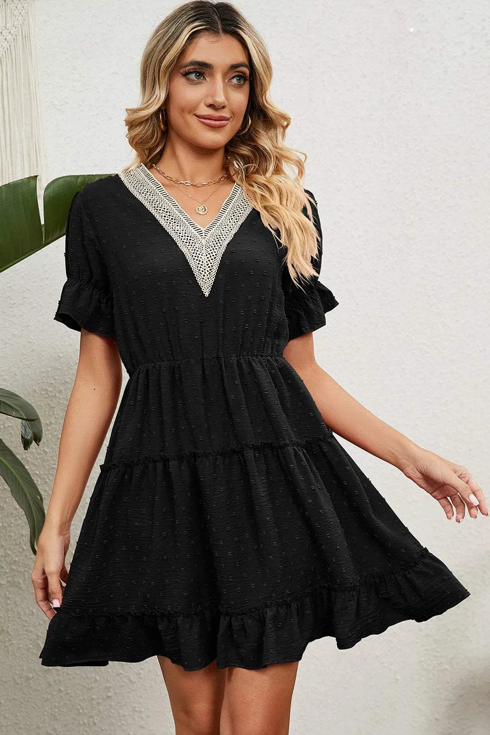 Swiss Dot V-Neck Flounce Sleeve Mini Dress Black Casual Dresses - Tophatter Daily Deals