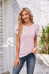 Eyelet Round Neck Petal Sleeve T-Shirt Blush Pink Women's T-Shirts - Tophatter Daily Deals