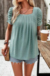 Eyelet Square Neck Puff Sleeve T-Shirt Gum Leaf Women's T-Shirts - Tophatter Daily Deals