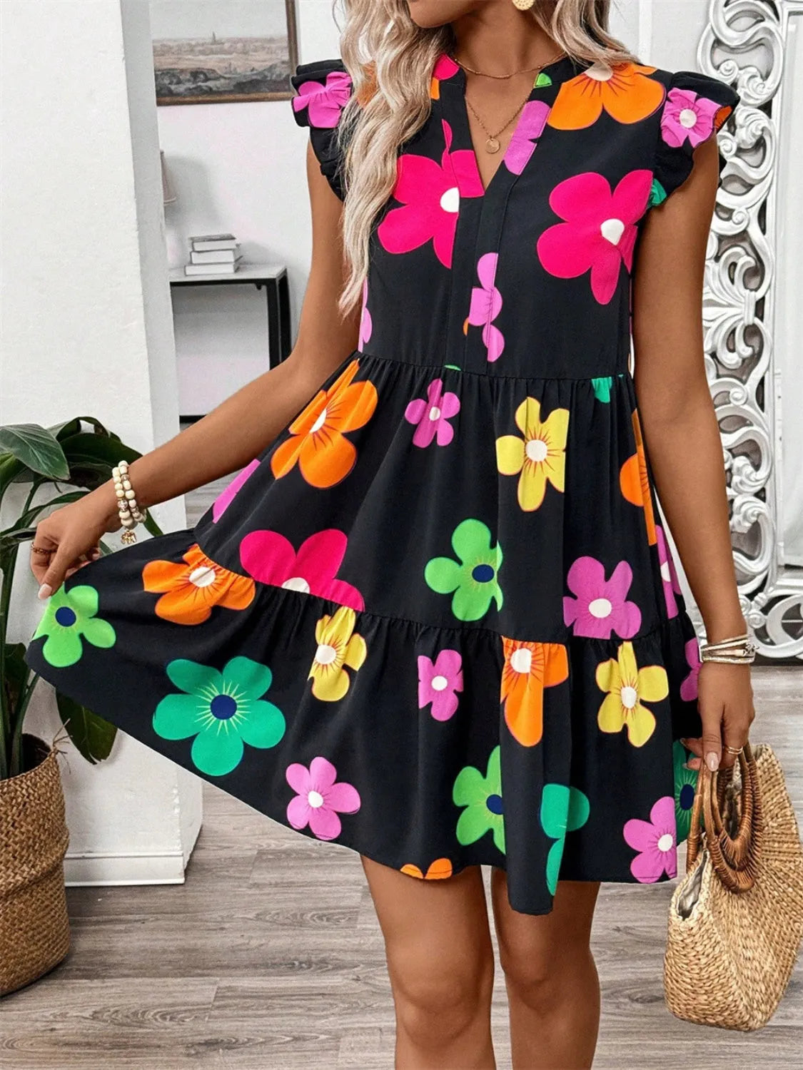 Ruffled Printed Notched Cap Sleeve Dress Casual Dresses - Tophatter Daily Deals