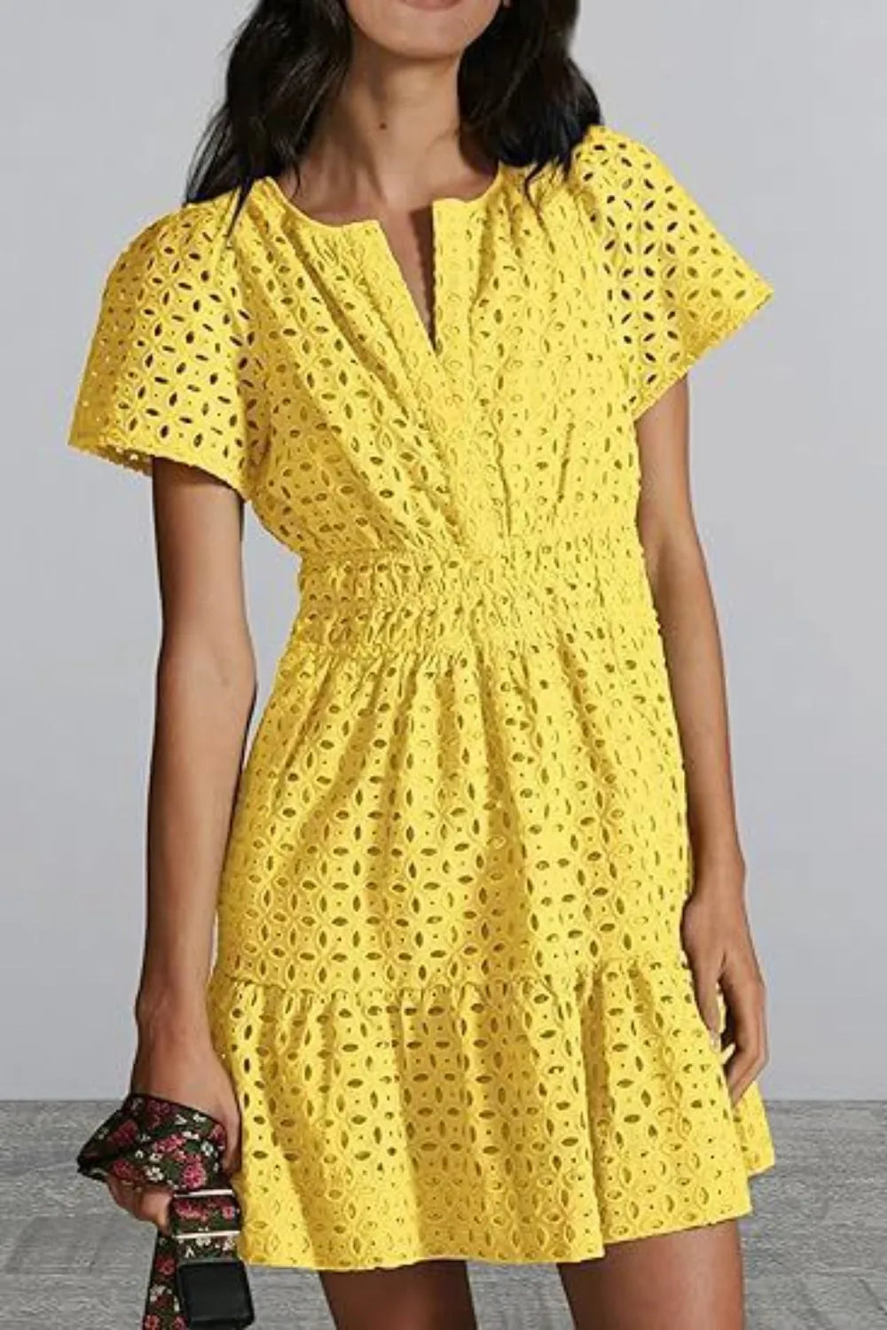 Eyelet Notched Short Sleeve Mini Dress Yellow Casual Dresses - Tophatter Daily Deals