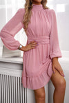 Frill Ruched Mock Neck Balloon Sleeve Dress Casual Dresses - Tophatter Daily Deals