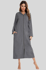 Zip Front Hooded Night Dress with Pockets Charcoal Sleep Dresses - Tophatter Daily Deals