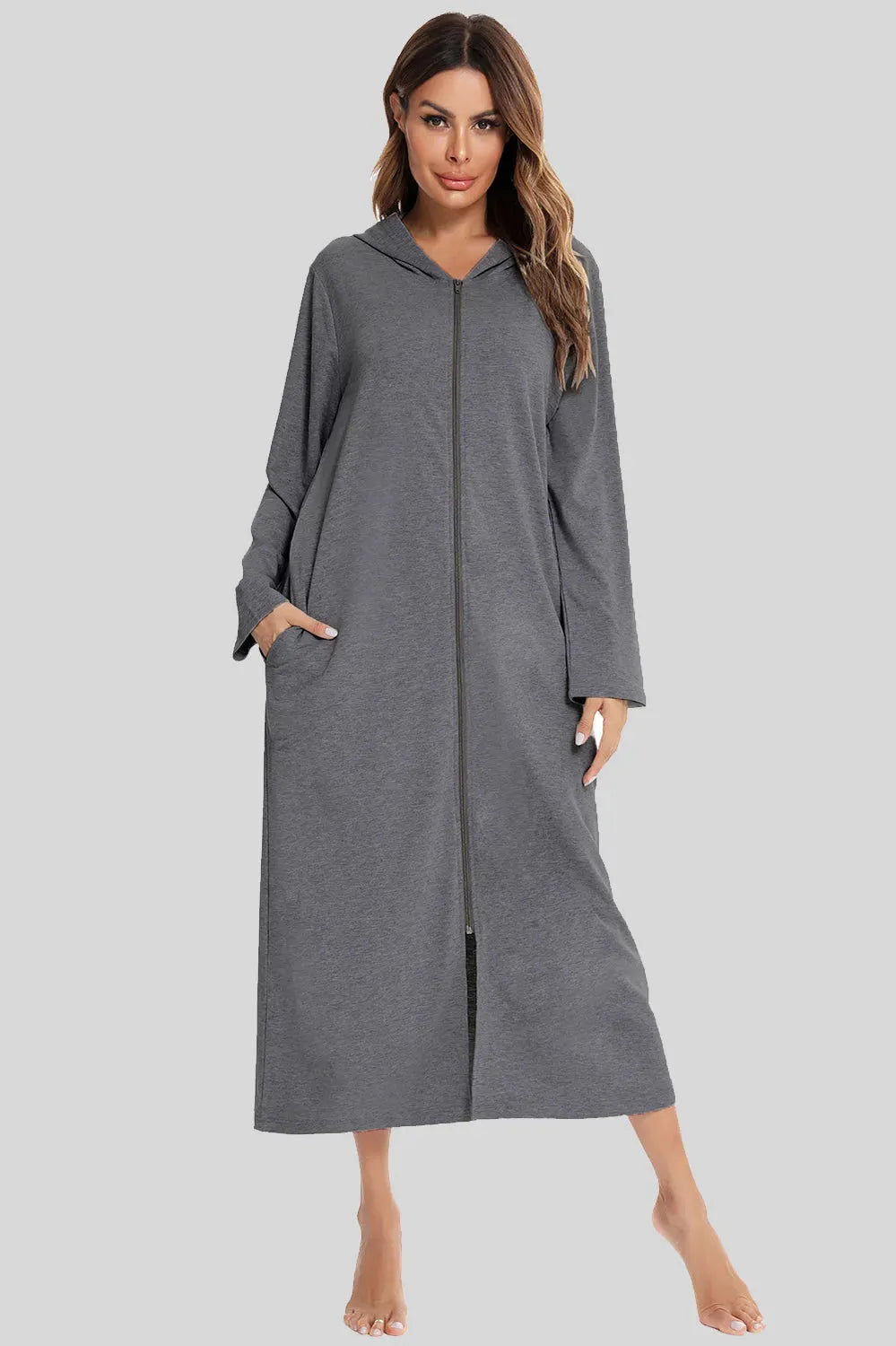 Zip Front Hooded Night Dress with Pockets Charcoal Sleep Dresses - Tophatter Daily Deals